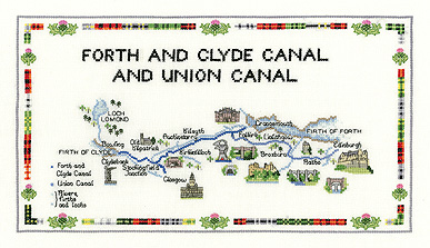Cross stitch map of the Forth and Clyde and Union canals