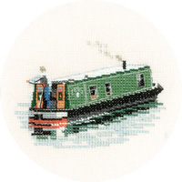 A modern narrow boat in counted cross stitch